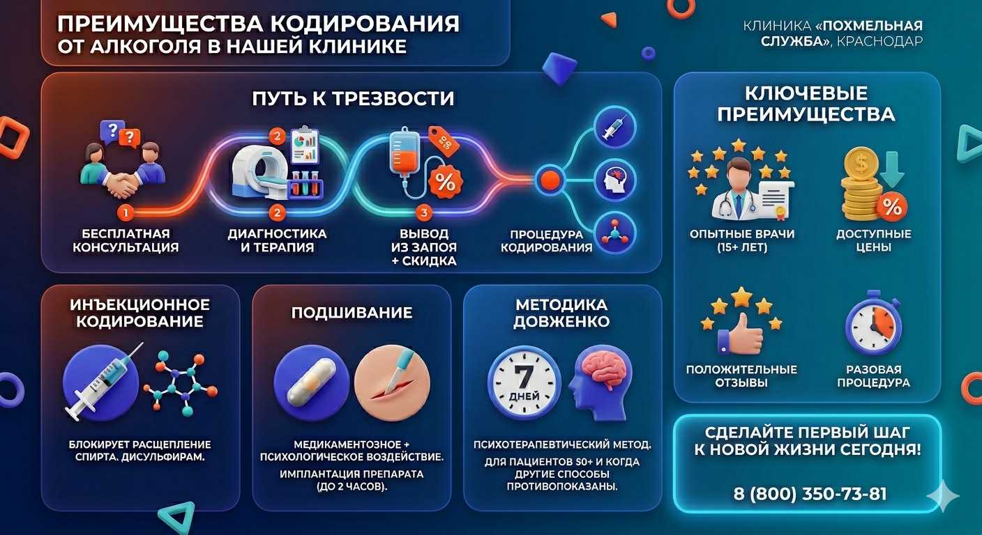 Инфографика о методах кодирования от алкоголя в Верещагино: инъекции, подшивание, метод Довженко. Преимущества клиники и этапы лечения.