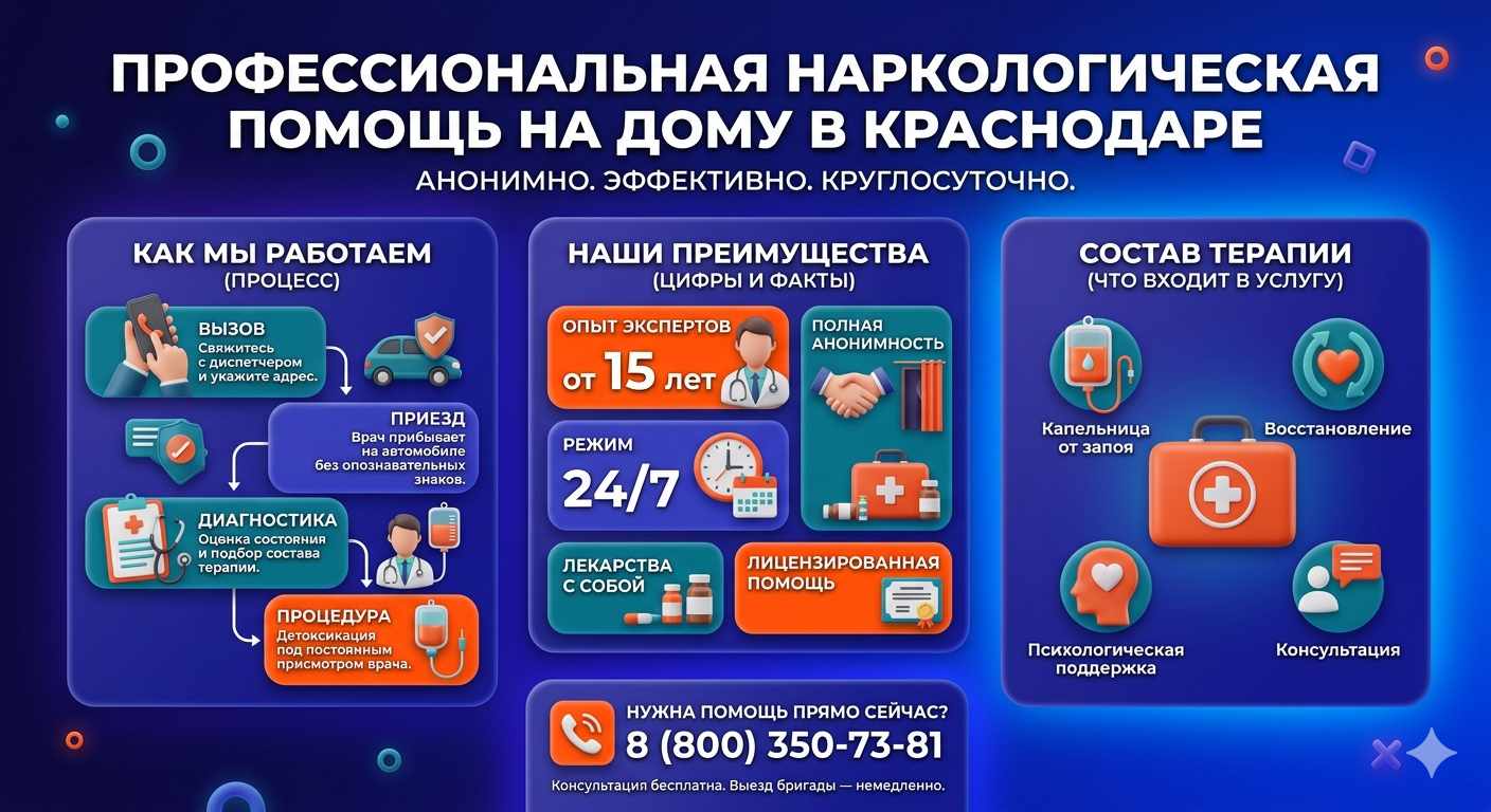 Инфографика о принципах лечения алкоголизма на дому в Верещагино: этапы вызова нарколога, преимущества анонимной детоксикации и состав медицинской помощи.